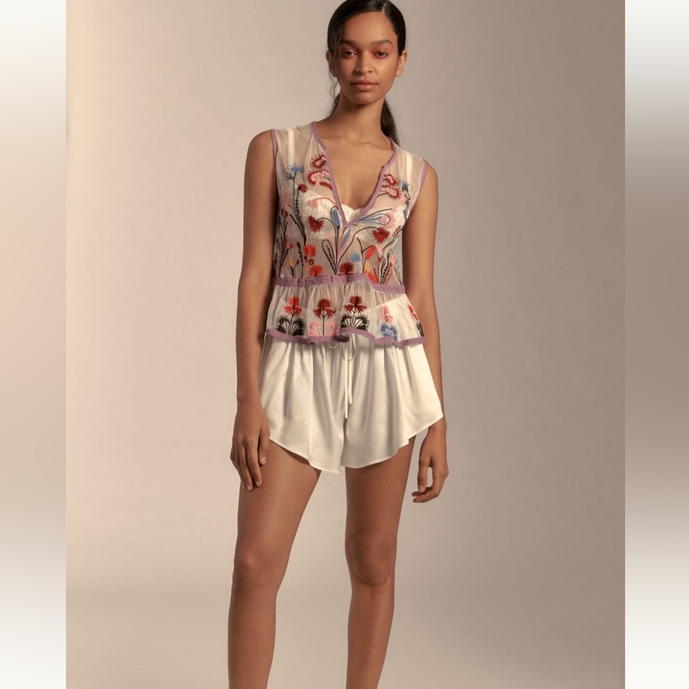 Anthropologie Sheer Floral Embroidered Sleeveless Top